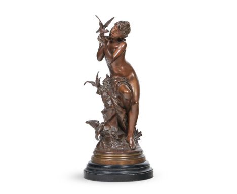 AFTER MATHURIN MOREAU (1822-1912)- A BRONZE FIGURAL GROUP OF A YOUNG WOMAN AND BIRD  SUSSE FOUNDRY CAST, MID/LATE 19TH CENTUR