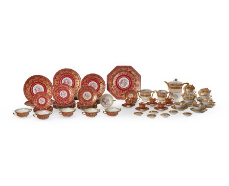 A ROSENTHAL RED-GROUND AND GILT PART DINNER SERVICE  MODERN  Each printed with flowers comprising; an octagonal serving dish;
