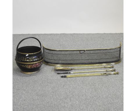 A brass fender, 95cm, together with a set of fire tools and an Eveware coal bucket