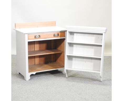 A pine and grey painted side cabinet, 79cm, together with a grey painted hanging wall shelf