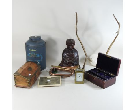 A pair of stag antlers, together with a collection of items, to include a bugle and a brass cased carriage clock