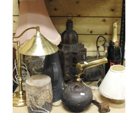 A collection of items, to include table lamps, chandeliers, carvings and a Victorian hanging brass oil lamp