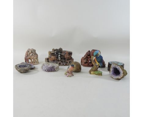 A collection of various items, to include Chinese soapstone carvings, a Chinese enamel box and amethyst crystals