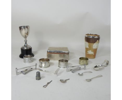 A collection of silver and plated items, to include a silver table cigarette case, 11cm, a stoneware mug and a silver cup on 