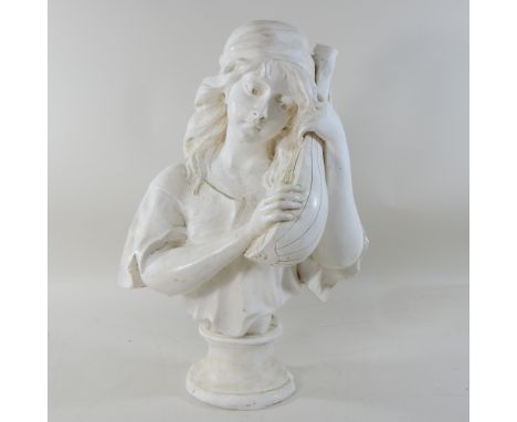 A plaster bust of a young girl holding a lute, 48cm high