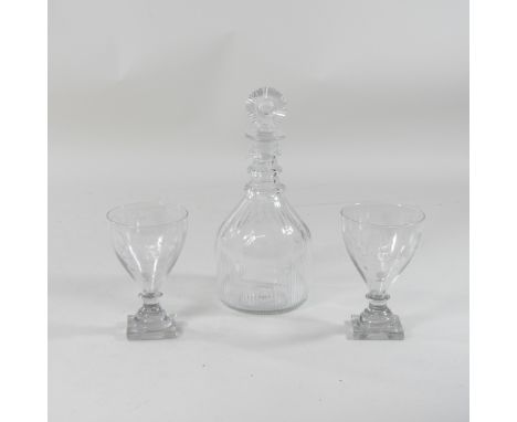 A pair of early 19th century etched glass rummers, inscribed with the initials MS, together with a George III cut glass decan