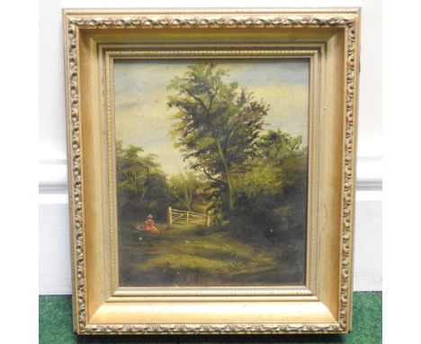 English school, 19th century, lady seated by a gate, oil on board, 20 x 17cm