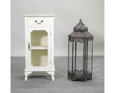 A French style cream painted glazed side cabinet, 47cm, together with a Moroccan style lantern