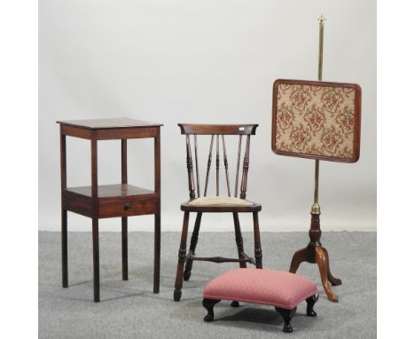 A Victorian mahogany pole screen, on a tripod base, 126cm high, together with a mahogany night stand, a stick back chair and 