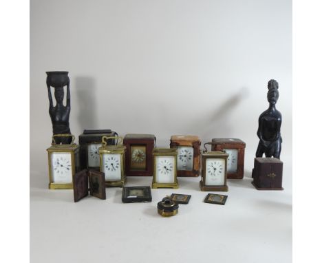 A collection of eight various brass carriage clocks, highest 16cm overall, together with miniature photograph frames and a co
