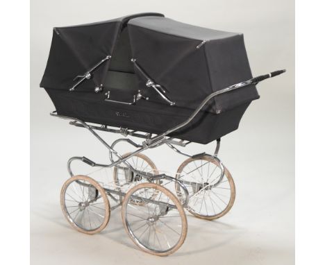 A vintage Silver Cross pram, with a double folding blue hood, 122cm long