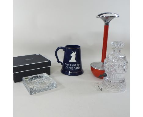 A Waterford crystal stand, boxed, together with a decanter, a Whitbread advertising mug, an Art Deco smoker's stand and a lar