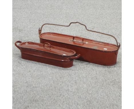 A vintage enamel fish kettle, 68cm, together with another smaller 