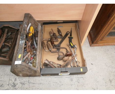 wooden tool box and selection of tools
