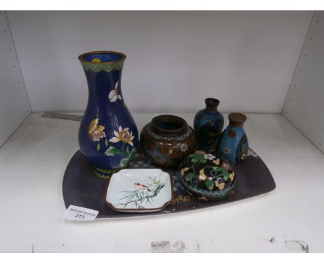 tray of enameled vases and trinket pot etc