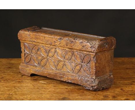 A Rare 15th/16th Century Venetian Walnut Pen Box of rectangular form.  The sliding lid in a moulded frame. The front enriched