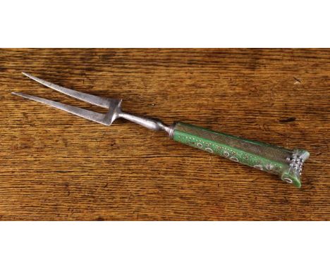 A Fine 18th Century Twin pronged Steel Fork on a green stained bone handle embellished with piqué work, 9¾ ins (25 cms) in le