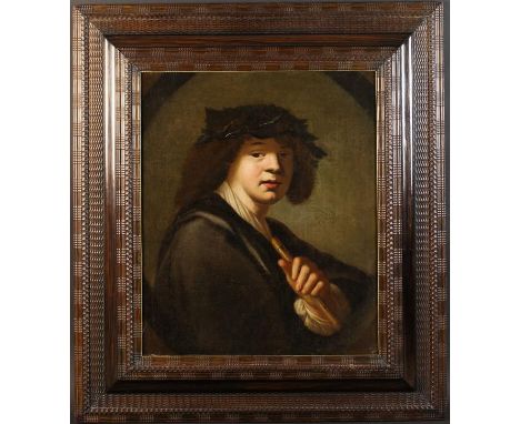Manner of Gerrit Van Honthorst (1590-1655). An Oil on Canvas; Portrait of a Young Recorder Player, painted in a feigned oval 