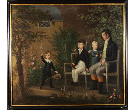 A Delightful 19th Century Naive Oil on Canvas, possibly American: A Family Group Portrait of a man and three children on benc