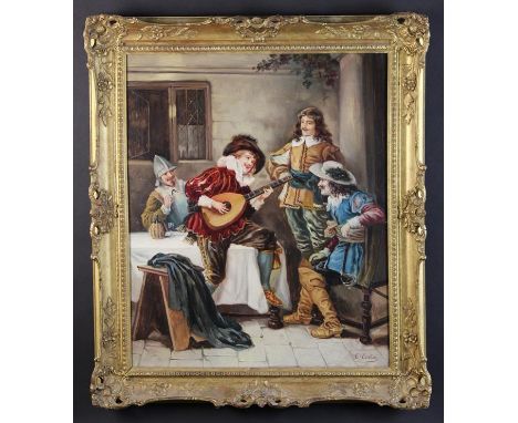 C. Costa. A 20th Century Oil on Canvas: Two Cavaliers and a Roundhead sat by window being entertained by a lute player. Signe