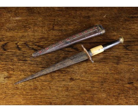 An Antique Hunting Dagger with a bone & horn handle. The double edged blade in a leather sheath, 11¾ ins (30 cms) overall in 