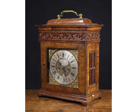 A Fine 18th Century Burr Elm Chiming Bracket Clock with repeater.  The 8 inch (20 cm) brass dial with a scrolling silvered ca