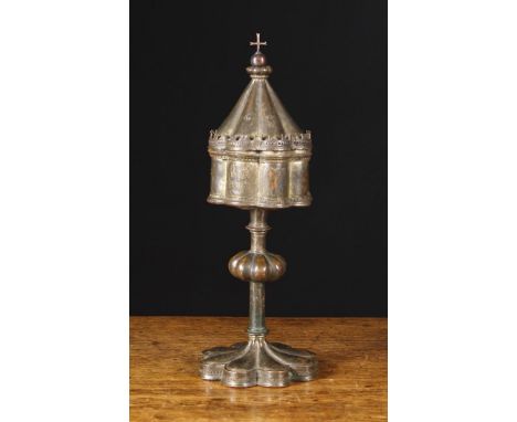 A 15th Century Style Copper Ciborium with traces of gilding and silvering. The base inscribed Cavedino 1414. The multifoil cu