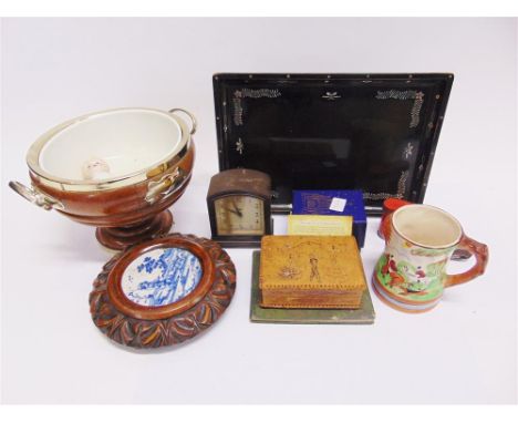 ASSORTED COLLECTABLES comprising a Delft tile, in a circular oak frame; a Smith's bakelite mantel clock; electro-plate mounte