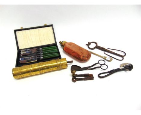 ASSORTED COLLECTABLES comprising a brass spice or coffee grinder, 24cm long; copper powder flask; sugar nips; candle snuffer;