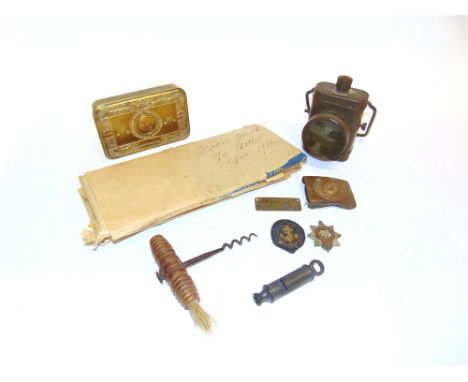 A GREAT WAR BRITISH PRINCESS MARY CHRISTMAS 1914 GIFT TIN together with a Great War German belt buckle; a Devonshire Regiment