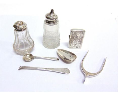 A SILVER WISHBONE SPRUNG SUGAR TONGS two glass pepper pots with silver mounts; a vesta case, stamped 'Sterling'; a broken sil