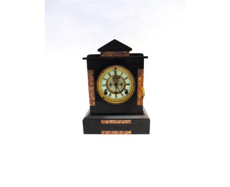 A VICTORIAN SLATE AND MARBLE MANTLE CLOCK with visible escapement and 8-day movement by the Ansonia Clock Co, 31cm high, 23cm