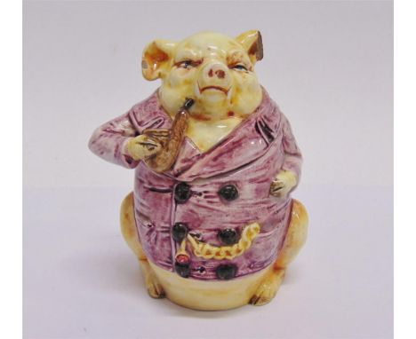 A FIGURAL CERAMIC TOBACCO JAR modelled as a seated pig in purple smoking jacket with pipe, 16cm high