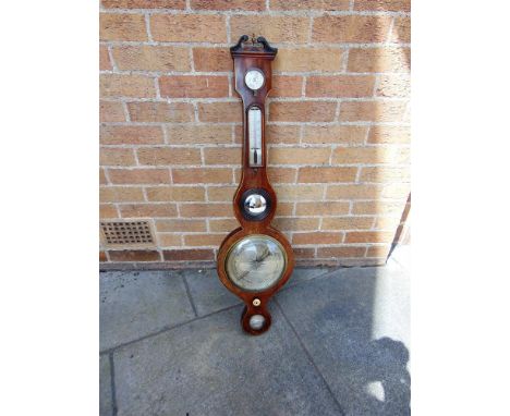 A GEORGIAN BAROMETER/THERMOMETER the inlaid mahogany case with broken swan neck pediment and urn finial, 97cm high