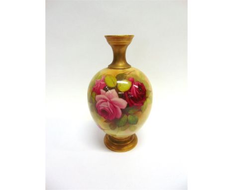 A ROYAL WORCESTER HAND DECORATED VASE shape 1846, painted with roses on an ivory ground signed 'A Shuck', 27cm high, puce pri