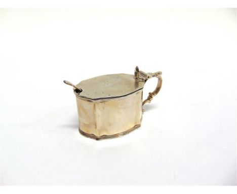 A SILVER MUSTARD POT London 1926, of oval shaped outline and flat hinged cover, with a silver salt spoon and glass liner, 97g