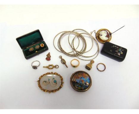 A SMALL QUANTITY OF JEWELLERY including eight bangles; three rings; two watch fobs; two watch keys; and a papier mache snuff 