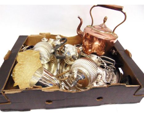 A QUANTITY OF PLATED WARE including: entree dishes; salvers; cruet items; a toast rack; a French style teapot and hotwater ju