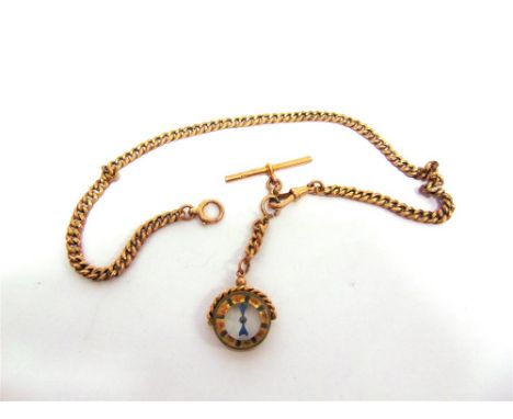 A WATCH CHAIN of hollow curb type links, with a compass fob attached, 40cm long, 19g gross