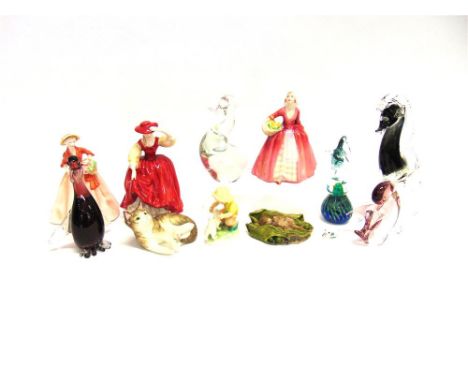 A COLLECTION OF CERAMIC AND GLASS FIGURES to include two Royal Doulton figures HN2399 'Buttercup' and HN 1537 'Janet', three 