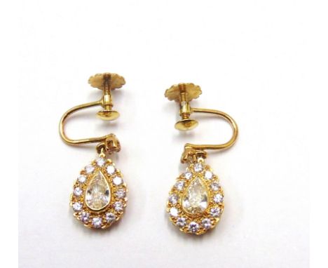 A PAIR OF DIAMOND CLUSTER DROP EARRINGS the pendeloque cut central stone enclosed by twelve brilliant cuts, to a diamond set 