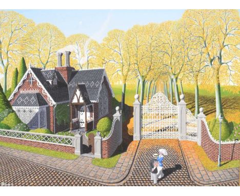 Peter Szumowski, (b. 1954) - Acrylic on canvas - 'First Date', figures beside a lodge and gate to a country house park, signe