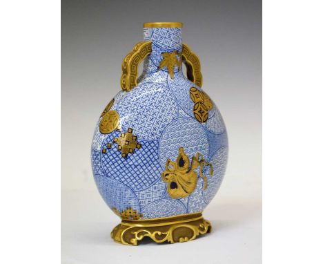 Late Victorian Royal Worcester porcelain twin-handled moon flask, printed and gilded in the Japonaise taste, printed mark, 21