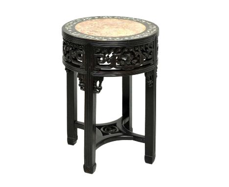 Late 19th or early 20th Century Chinese carved hardwood occasional table, the circular top inset with rouge marble panel with