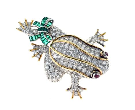 Diamond, ruby and emerald set frog brooch, in white metal, stamped '18K', pave set with brilliant cut diamonds, cabochon ruby