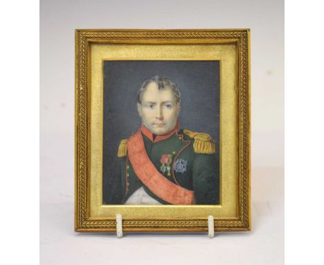 19th Century portrait miniature on ivory of Napoleon I, Emperor of the French, wearing the uniform of the Chasseurs-à-cheval 