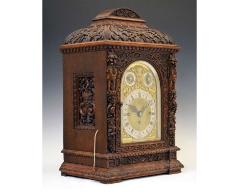 Winterhalder &amp; Hofmeier - Large German carved oak triple fusee bracket clock with pull repeat, the 6.25-inch silvered cha