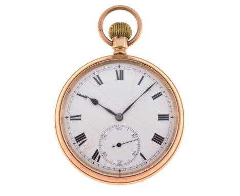 9ct gold open faced pocket watch, of local Bristol interest, white unsigned enamel dial with black Roman numerals, blued stee