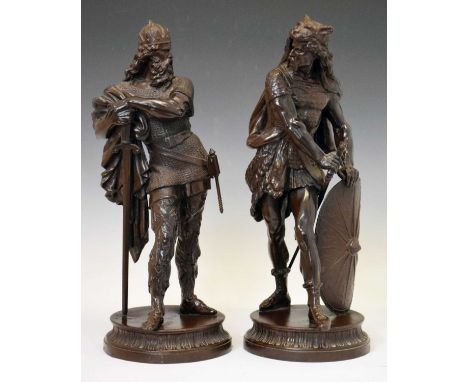 Large pair of bronzed spelter figures of warriors, in the manner of Guillemin or Poitevin, one wearing crowned helmet, chainm