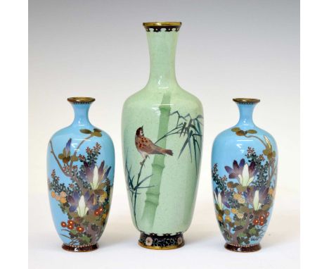 Pair of Japanese Meiji period pale blue cloisonné enamel vases, of shouldered ovoid form decorated with flowers, 12cm high, a